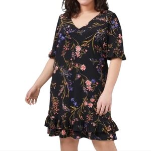 Black‎ Floral Print Dress Ruffle Hem V-Neck Short Sleeve Casual
